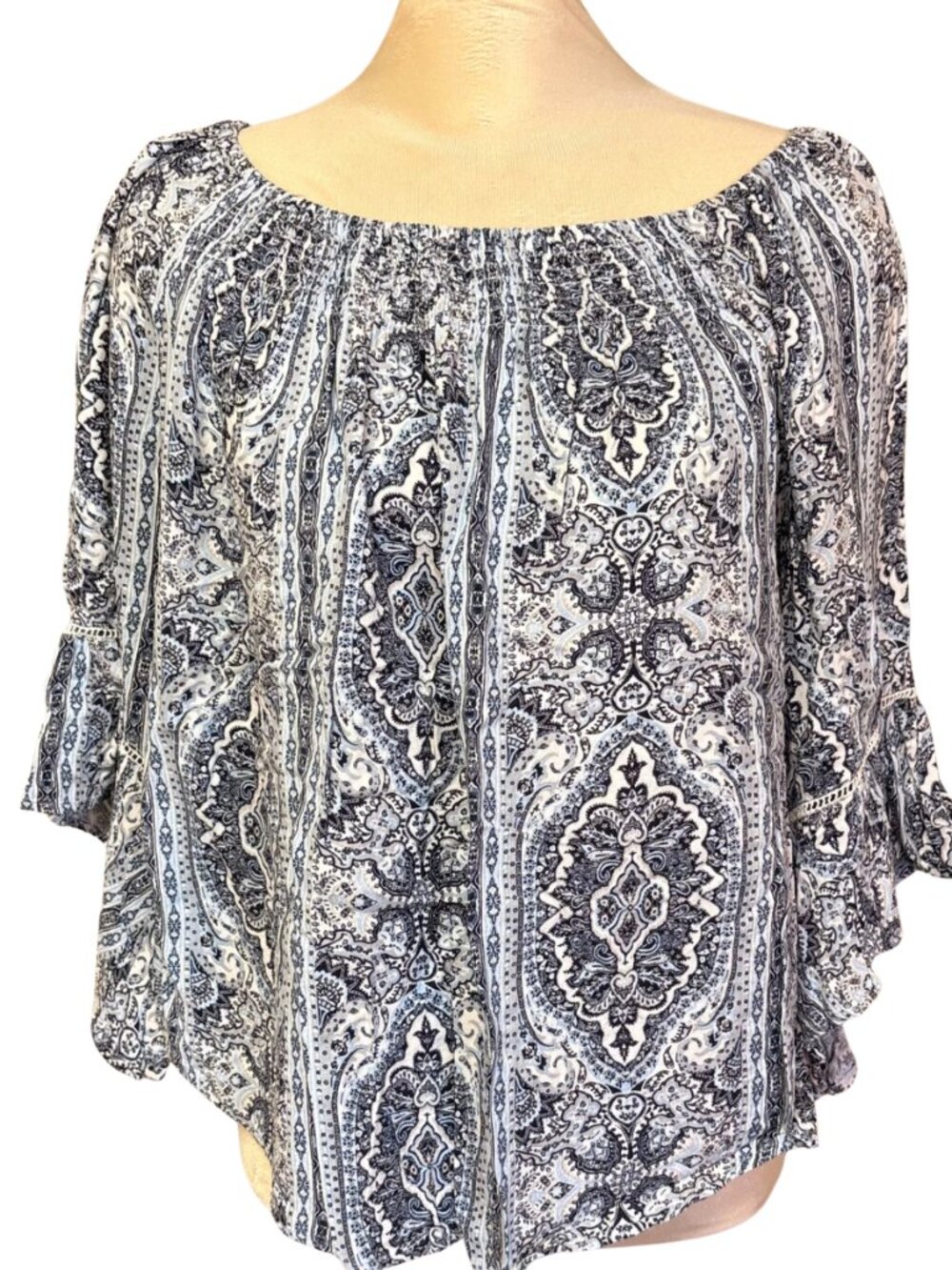 Westport Blue and White Paisley Off-Shoulder Peasant Top